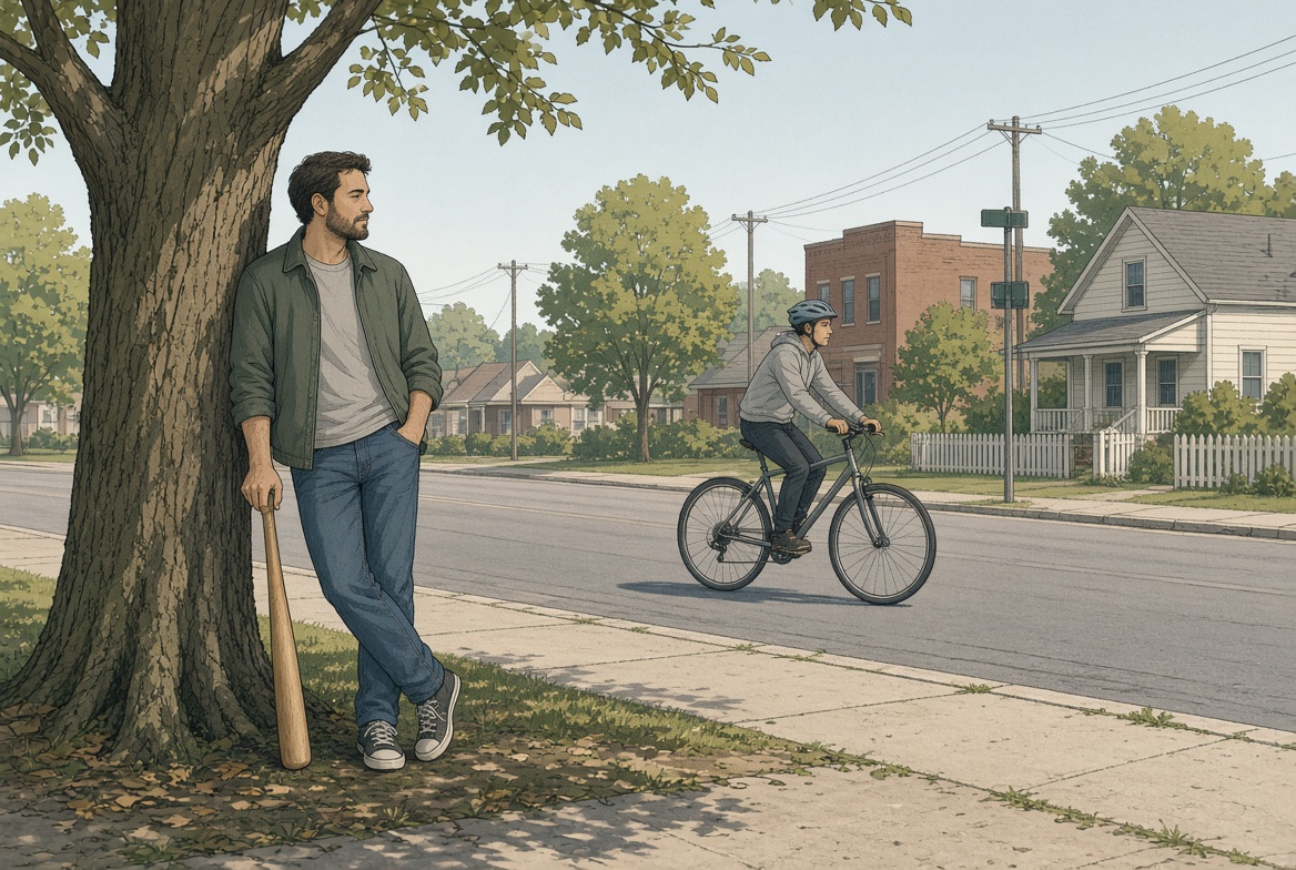 Illustration: Mann lehnt mit Baseballschläger an einem Baum am Straßenrand, im Hintergrund fährt ein Jugendlicher mit dem Fahrrad vorbei.